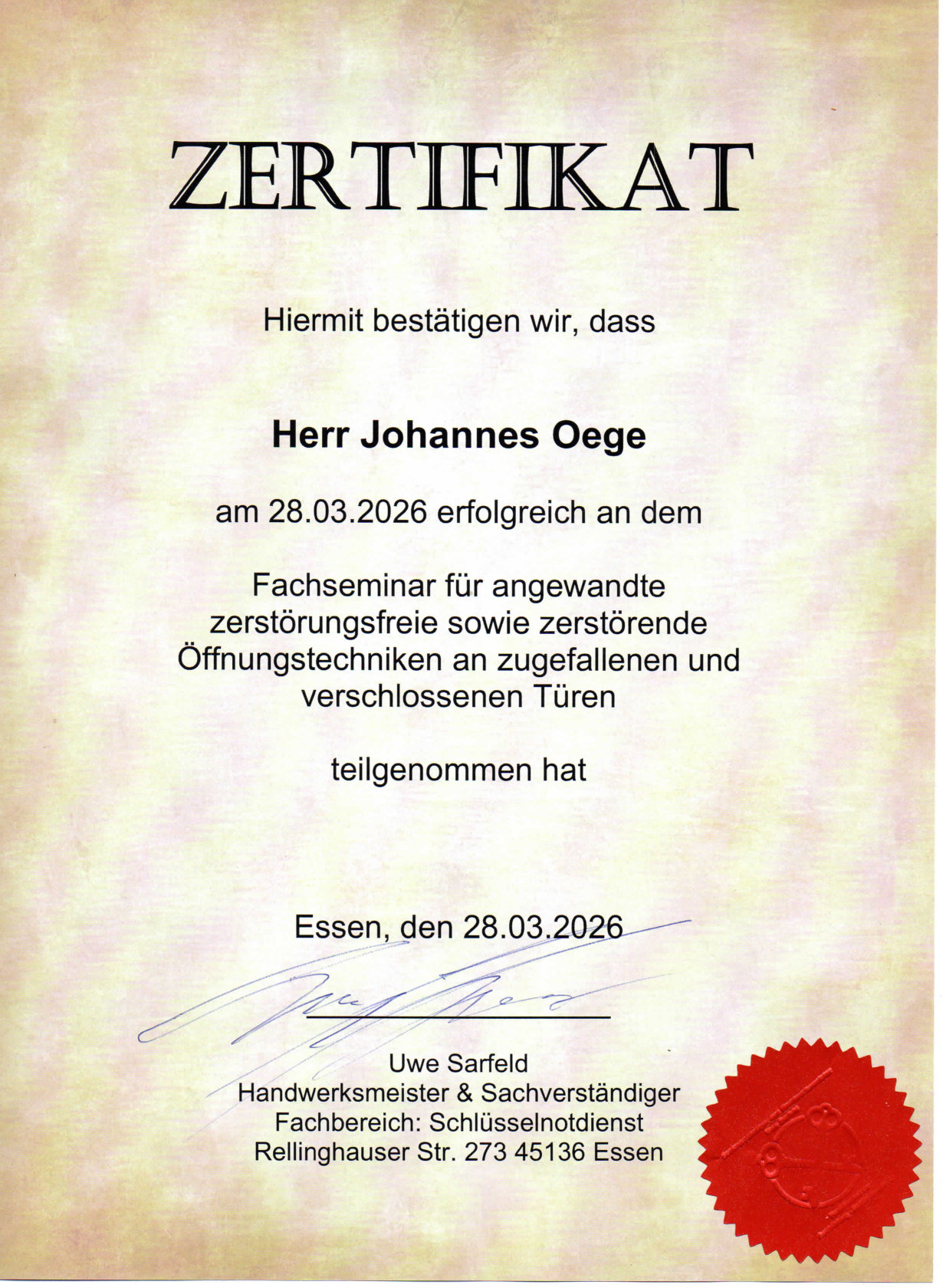 Zertifikat Fachseminar Türöffnungstechniken, Johannes Oege
